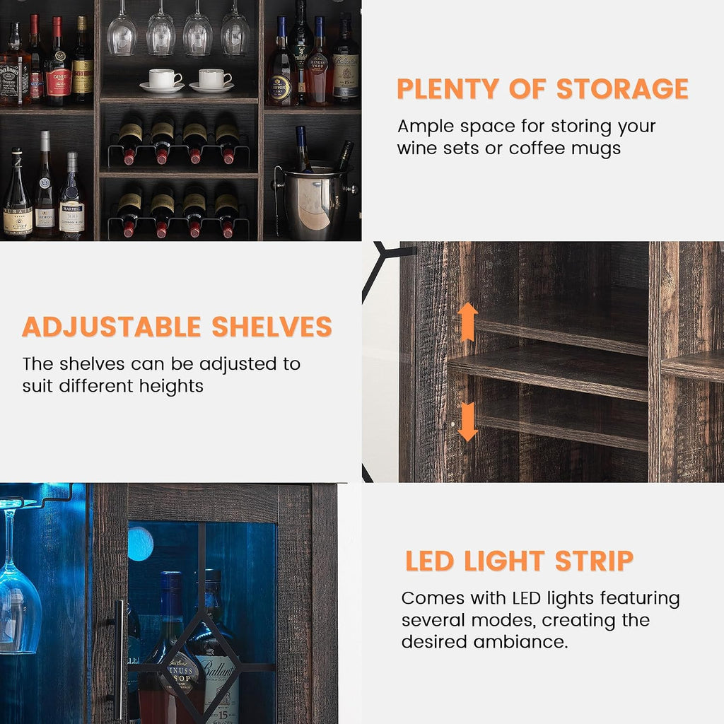 GarveeHome Wine Bar Cabinet with LED Light, Home Coffee Cabinet with Wine and Glass Rack, Kitchen Buffet Sideboard with Storage, Liquor Cabinet for Bar, Dining Room, Kitchen, Oak
