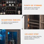 GarveeHome Wine Bar Cabinet with LED Light, Home Coffee Cabinet with Wine and Glass Rack, Kitchen Buffet Sideboard with Storage, Liquor Cabinet for Bar, Dining Room, Kitchen, Oak
