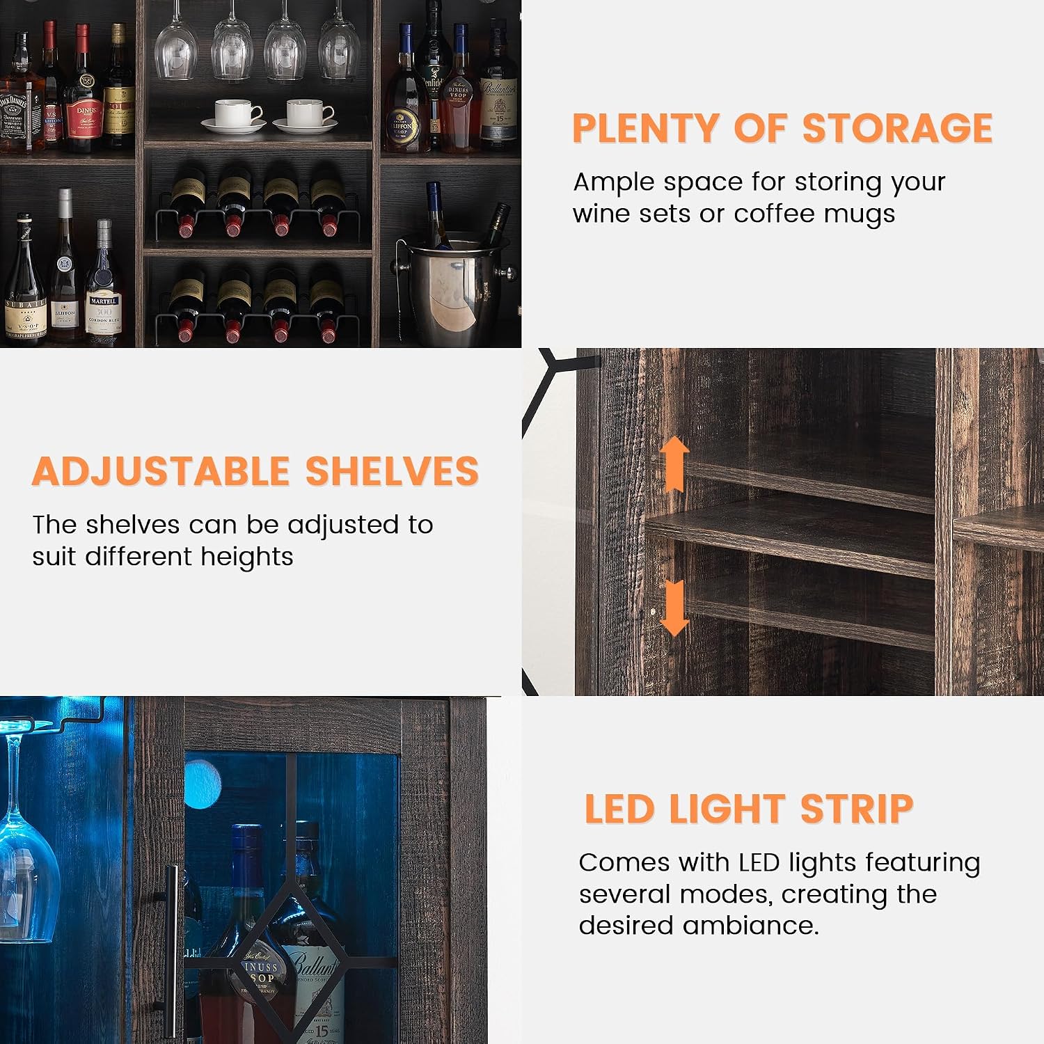 GarveeHome Wine Bar Cabinet with LED Light, Home Coffee Cabinet with Wine and Glass Rack, Kitchen Buffet Sideboard with Storage, Liquor Cabinet for Bar, Dining Room, Kitchen, Oak