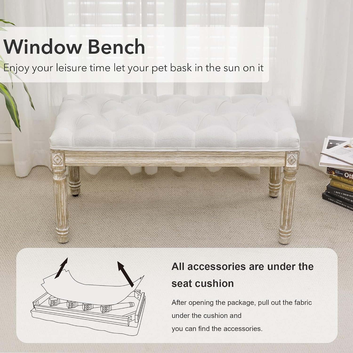 LOULENS French Vintage Bench, Linen Fabric Entryway Bench, Upholstered Tufted End of Bed Bench with Brushed Wood Legs, White