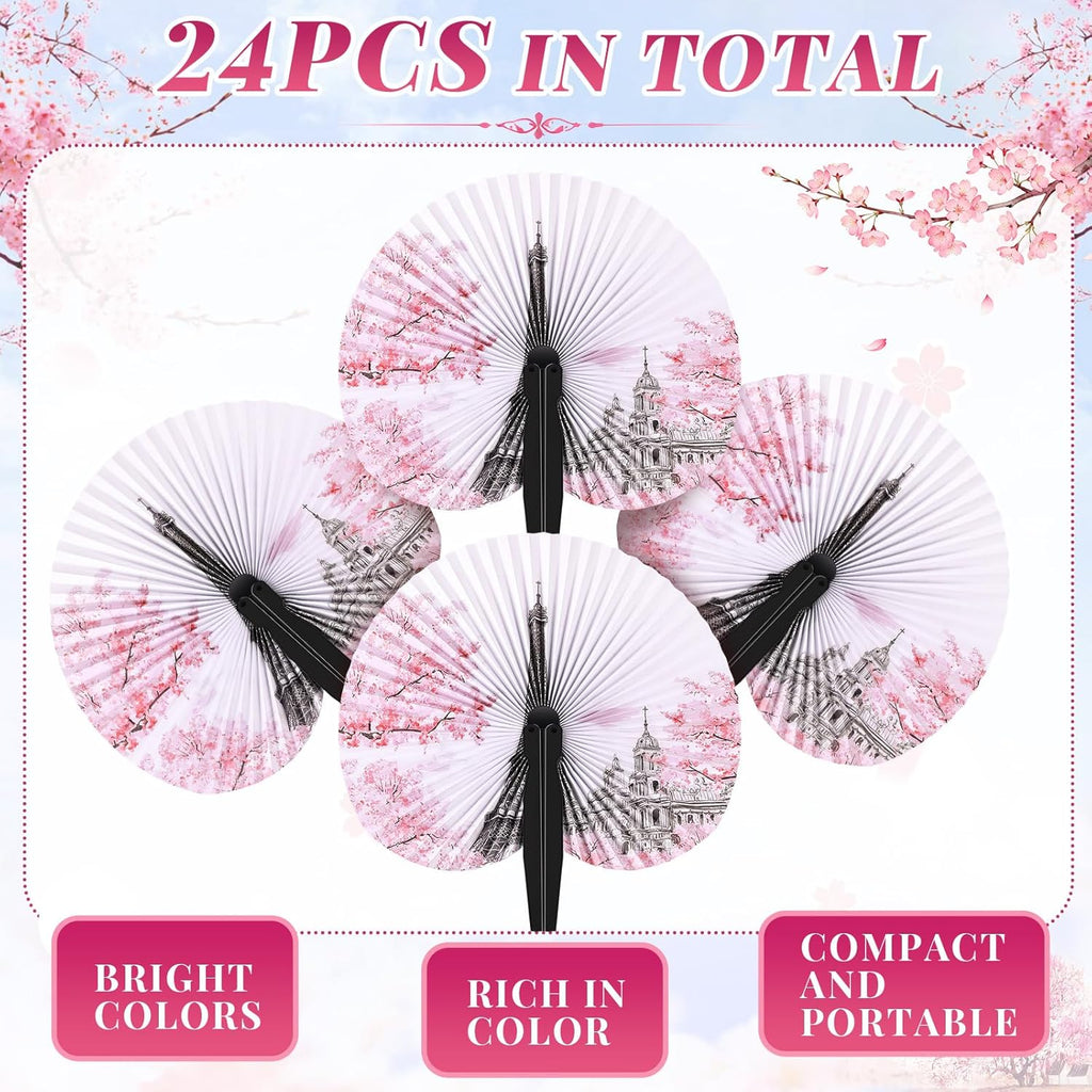 Taiyin 24 Pcs Eiffel Tower Paper Fans Party Supplies Decorative Folding Handheld Fans Favors for Summer Holiday Wedding Birthday Gifts Party Supplies