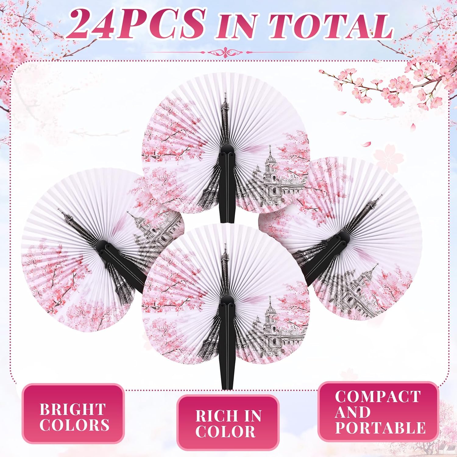 Taiyin 24 Pcs Eiffel Tower Paper Fans Party Supplies Decorative Folding Handheld Fans Favors for Summer Holiday Wedding Birthday Gifts Party Supplies