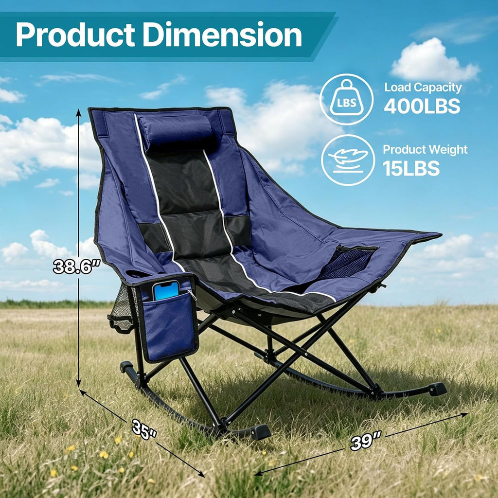 ZENPETIO Oversized Rocking Camping Chair Portable Outdoor Folding Rocker with Padded Headrest and Carry Bag, Heavy Duty Rocker Chair for Camping, Lawn and Patio, Supports 400 lbs, Blue Black