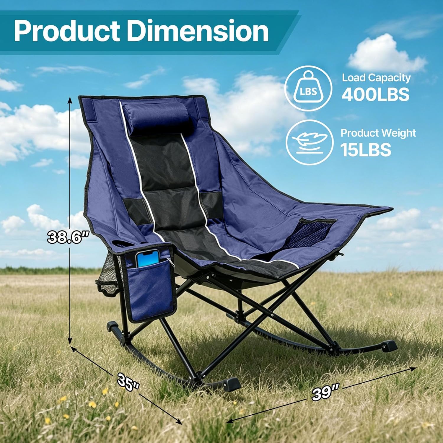 ZENPETIO Oversized Rocking Camping Chair Portable Outdoor Folding Rocker with Padded Headrest and Carry Bag, Heavy Duty Rocker Chair for Camping, Lawn and Patio, Supports 400 lbs, Blue Black