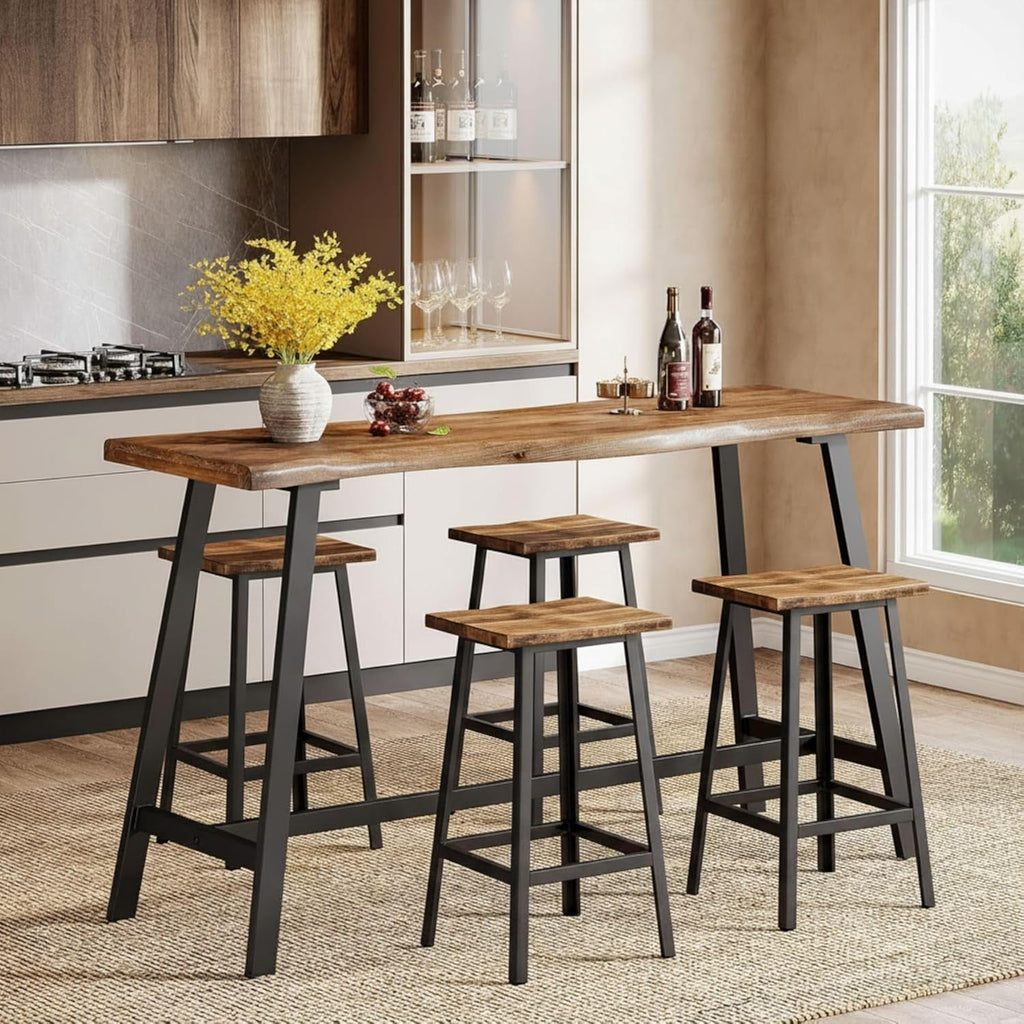 Solid Wood Bar Table, 55-Inch Counter Height Pub Table with Sturdy Metal Frame, Industrial Narrow Bar Table for Pub Kitchen Living Room, Rustic Brown