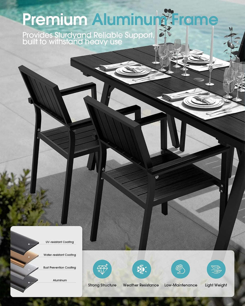 Ciokea Aluminum Patio Dining Chairs Set of 2, Outdoor Stackable Chairs with Wide Seat, All-Weather HDPS Oversized Porch Chair for Backyard, Poolside, Lawn & Garden, Deck | 2-Piece, Black