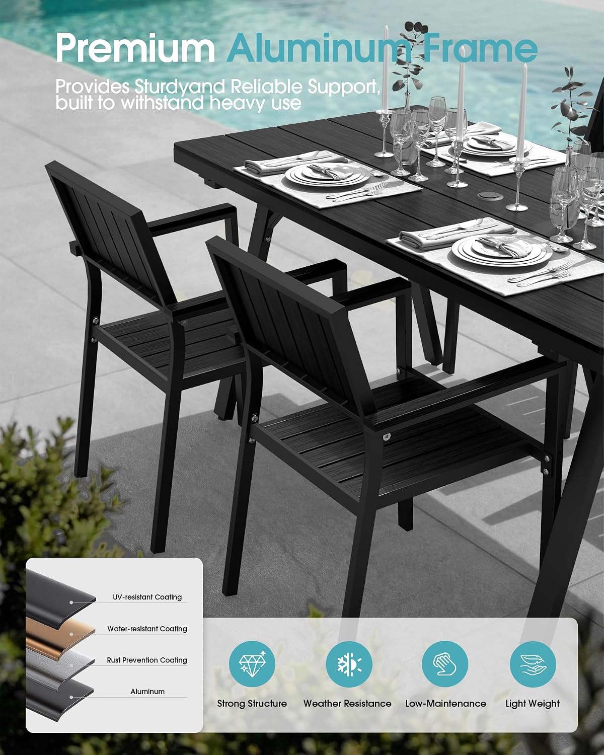Ciokea Aluminum Patio Dining Chairs Set of 2, Outdoor Stackable Chairs with Wide Seat, All-Weather HDPS Oversized Porch Chair for Backyard, Poolside, Lawn & Garden, Deck | 2-Piece, Black