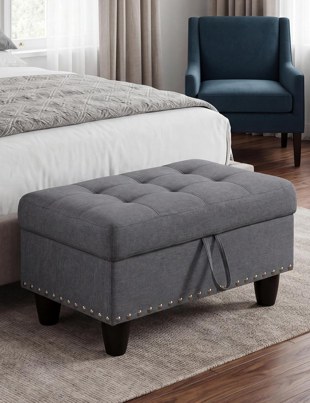 Ottoman with Storage, 28.5 inch Liner Storage Ottoman with Padded Seat, Large Entryway Bench with Solid Wood Frame, Upholstered Sturdy Foot Rest for Living Room, Bedroom, Entryway, Dark Gray
