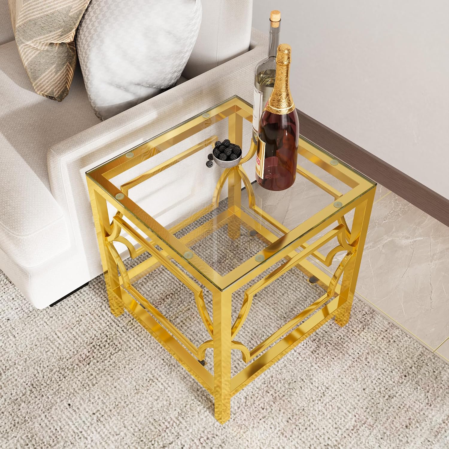 19.7" Modern Square Side Table with Tempered Glass Top & Storage Shelf, Luxury Glam End Table with Metal Frame for Living Room, Bedroom, Sofa Side, Small Space Accent Table