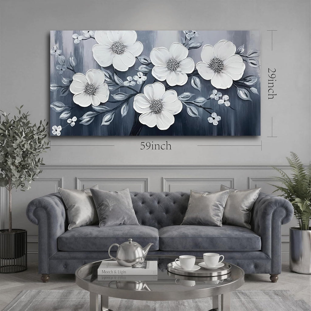 JuhaiArt Flower Wall Art White Wall Decorations Gray Picture Art Large 3D Floral Hand Painted for Bedroom Living Room Office 29" x 59"