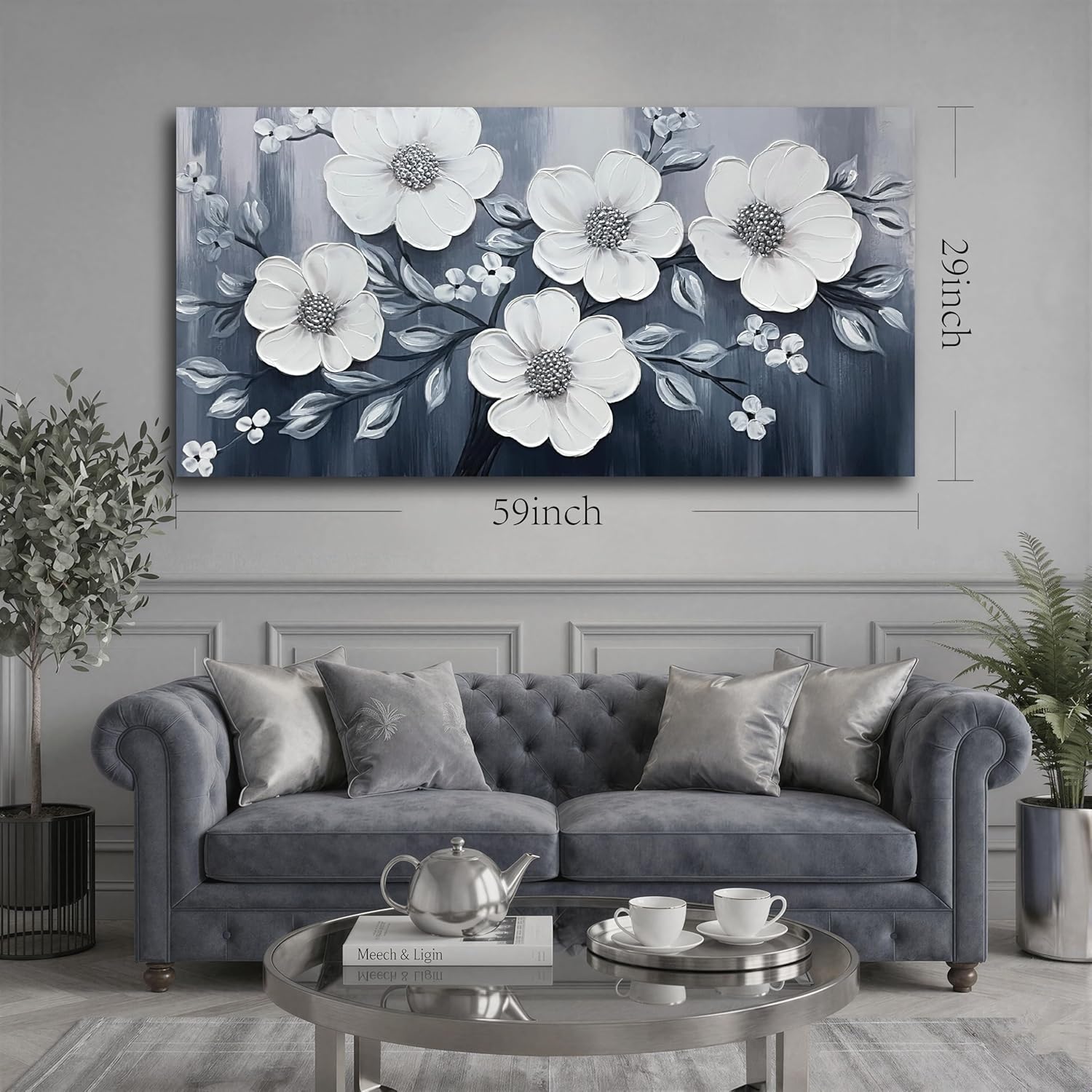 JuhaiArt Flower Wall Art White Wall Decorations Gray Picture Art Large 3D Floral Hand Painted for Bedroom Living Room Office 29" x 59"
