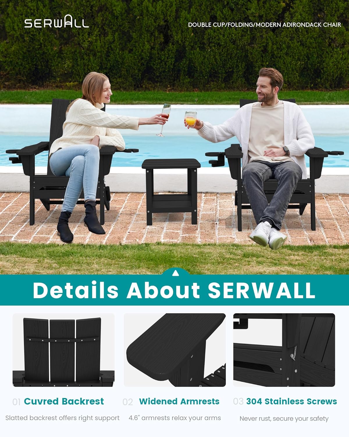 SERWALL Double Cups Adirondack Chair Set of 4, Folding Modern Adirondack Chairs, HDPE Outdoor Adirondack Chair for Patio, Black