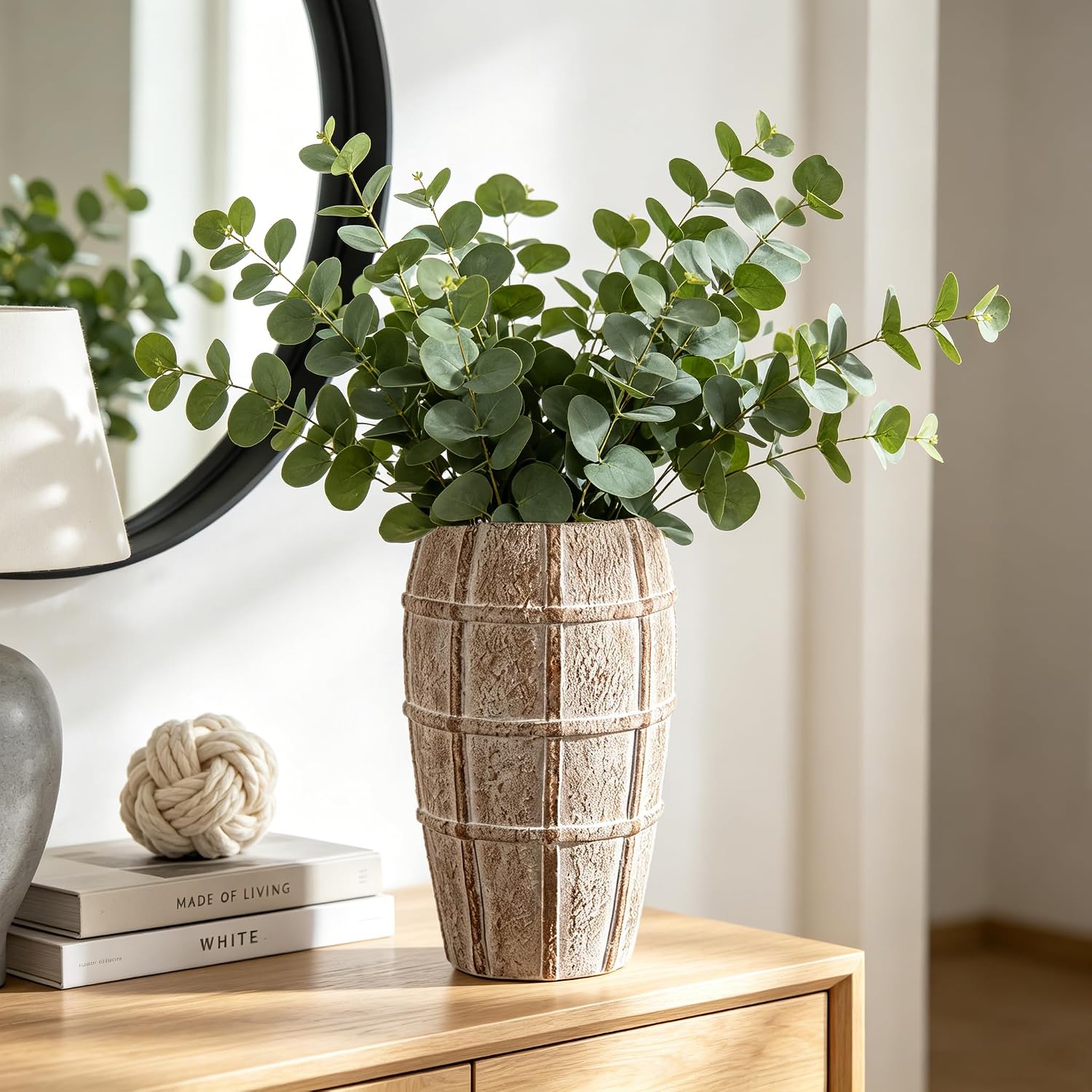 Briful Rustic Terracotta Flower Vase for Home Decor 12" Brown Farmhouse Textured Barrel-Style Ceramic Vase Vintage Handcrafted Gridded Design for Faux & Dried Flowers Living Room Table Centerpiece