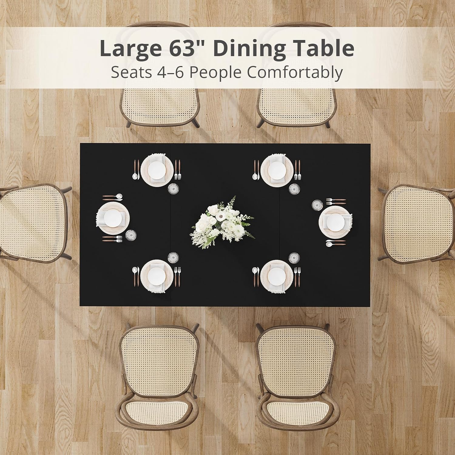 63 Inch Rectangular Dining Table with Hidden Storage, Modern Pedestal Dining Table for 4–6 People, Space-Saving Kitchen & Dining Room Table, MDF, Black