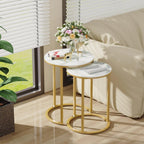 Set of 2 Modern Round Marble Metal Base Nesting Set Side Accent Table Living Room Storage Small End Table Coffee Table, Marble and Gold