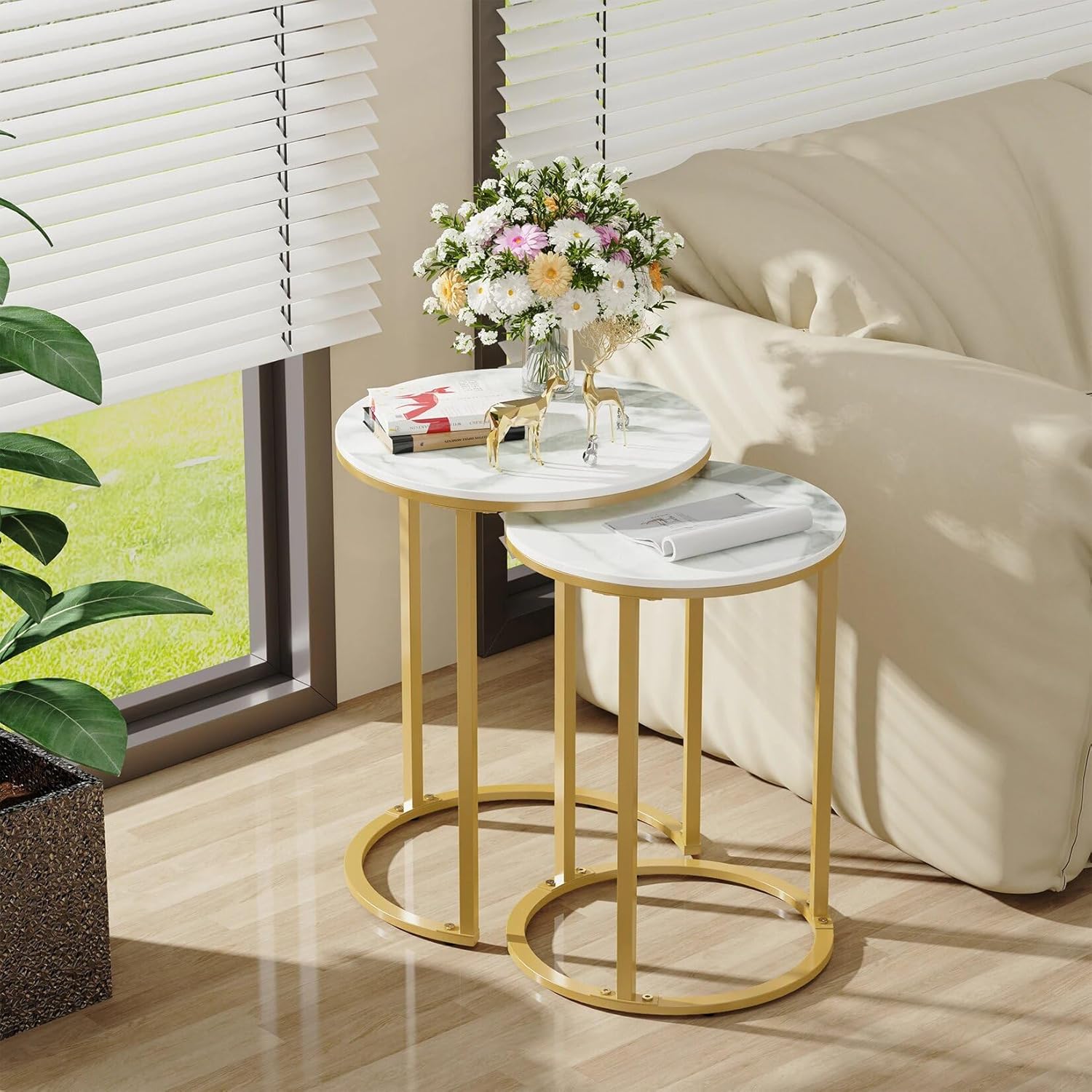 Set of 2 Modern Round Marble Metal Base Nesting Set Side Accent Table Living Room Storage Small End Table Coffee Table, Marble and Gold