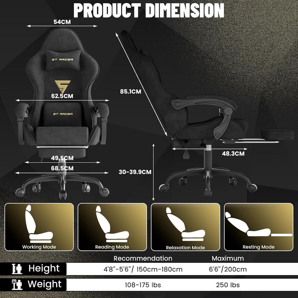 Ferghana Ergonomic Velvet Fabric Gaming Chair with Massage & Footrest, High Back Reclining Racing Computer Chair for Adults, Home Office Gaming Desk Chair, Black