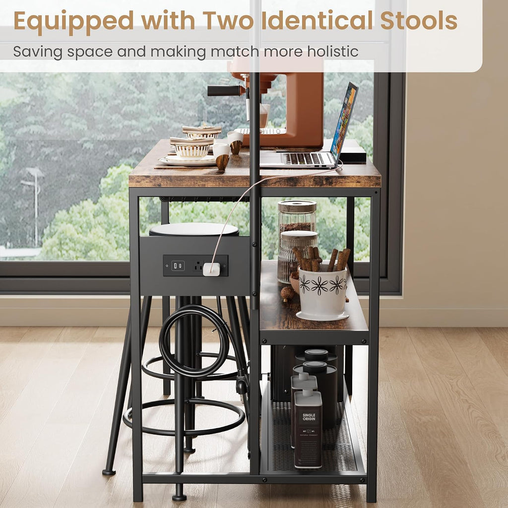 Garvee 3-Tier Small Kitchen Island with Power Outlet&2 Bar Stools, Vintage | Industrial Bakers Rack with 5 Hooks, adjustable Microwave Stand Coffee Bar Table for Dining Room, Living Room, Apartment