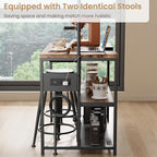 Garvee 3-Tier Small Kitchen Island with Power Outlet&2 Bar Stools, Vintage | Industrial Bakers Rack with 5 Hooks, adjustable Microwave Stand Coffee Bar Table for Dining Room, Living Room, Apartment