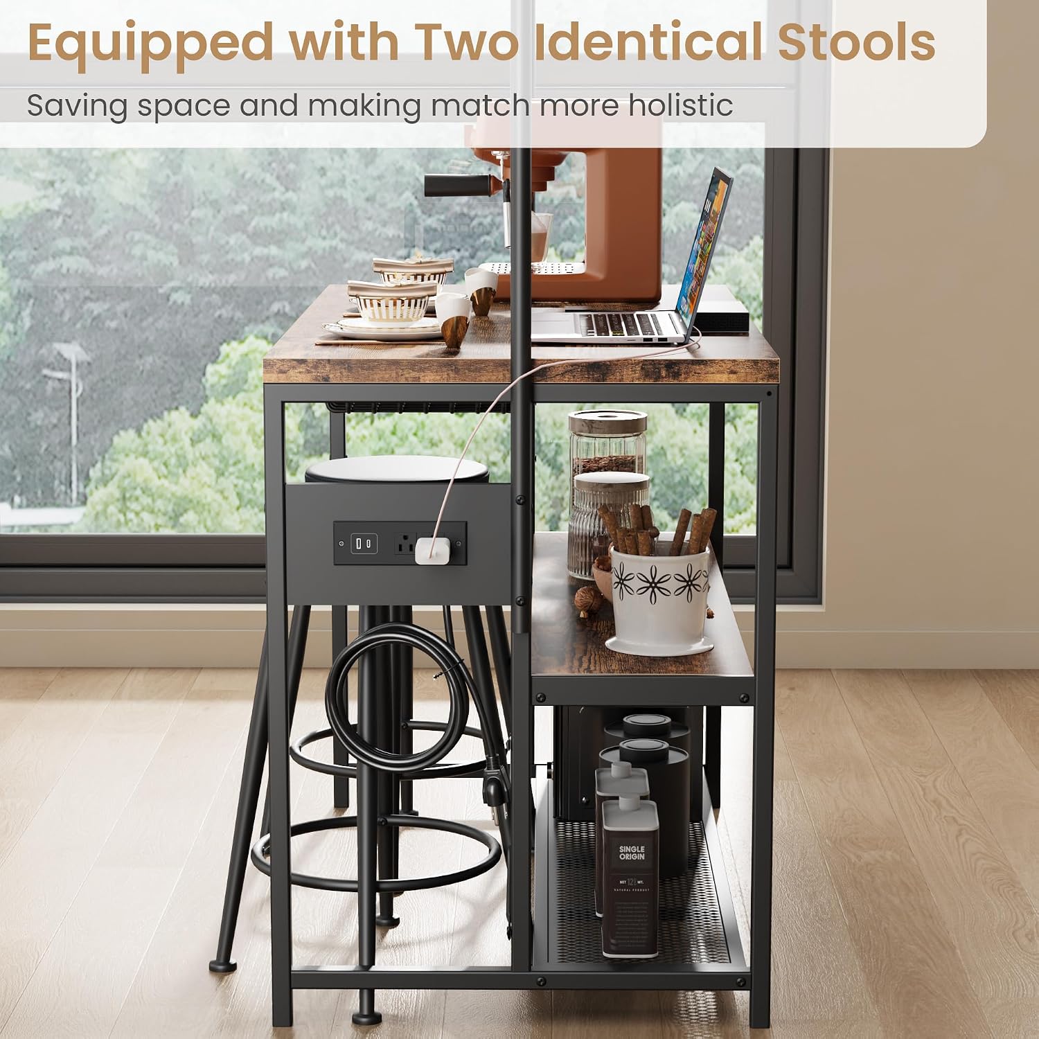 Garvee 3-Tier Small Kitchen Island with Power Outlet&2 Bar Stools, Vintage | Industrial Bakers Rack with 5 Hooks, adjustable Microwave Stand Coffee Bar Table for Dining Room, Living Room, Apartment