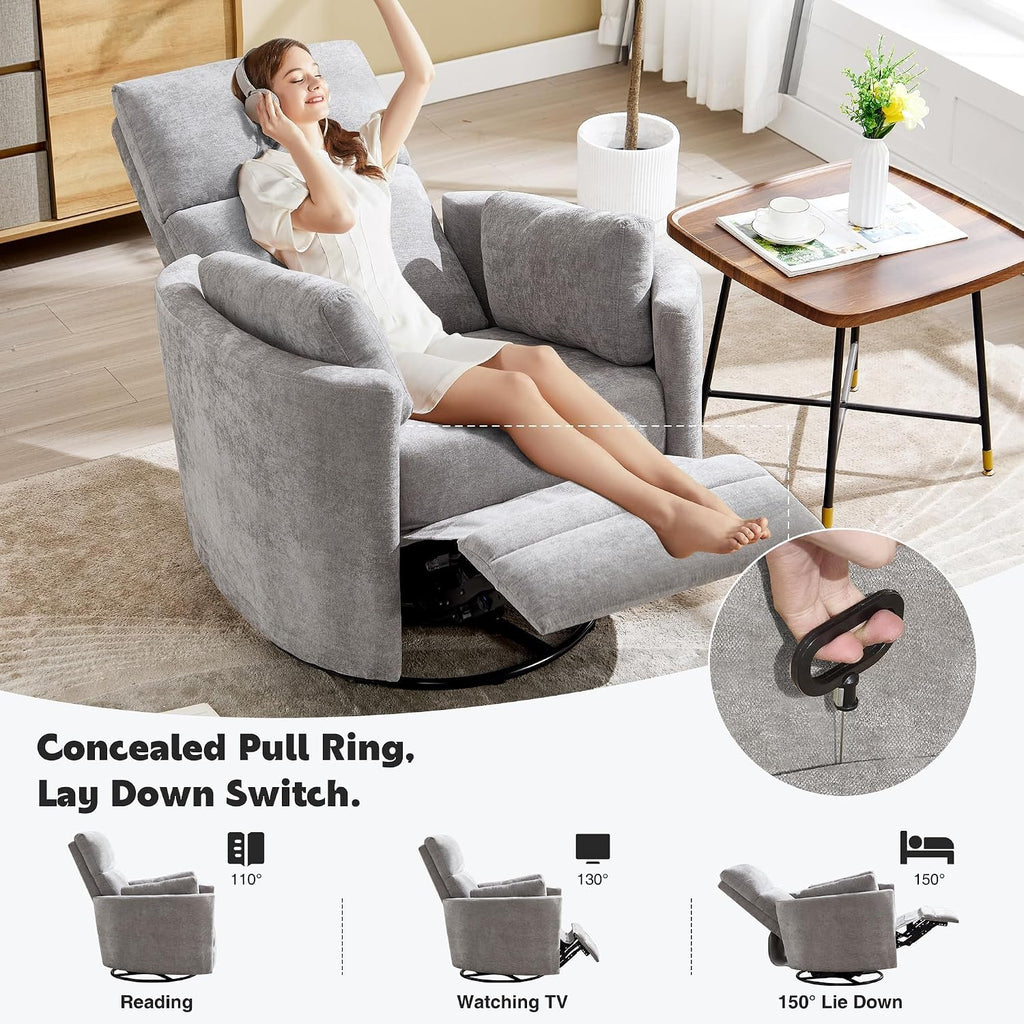 Manual Recliner 360°Swivel Glider Rocking Chair,Nursery Adult Rocker Glider Chair Upholstered Recliner with 2 Pillows for Living Room Bedroom Nursery(Light Grey, Manual Operation)