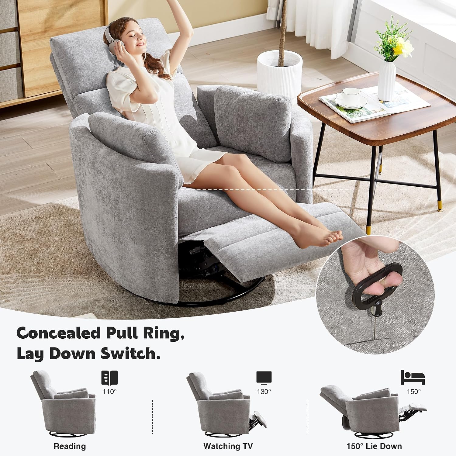 Manual Recliner 360°Swivel Glider Rocking Chair,Nursery Adult Rocker Glider Chair Upholstered Recliner with 2 Pillows for Living Room Bedroom Nursery(Light Grey, Manual Operation)