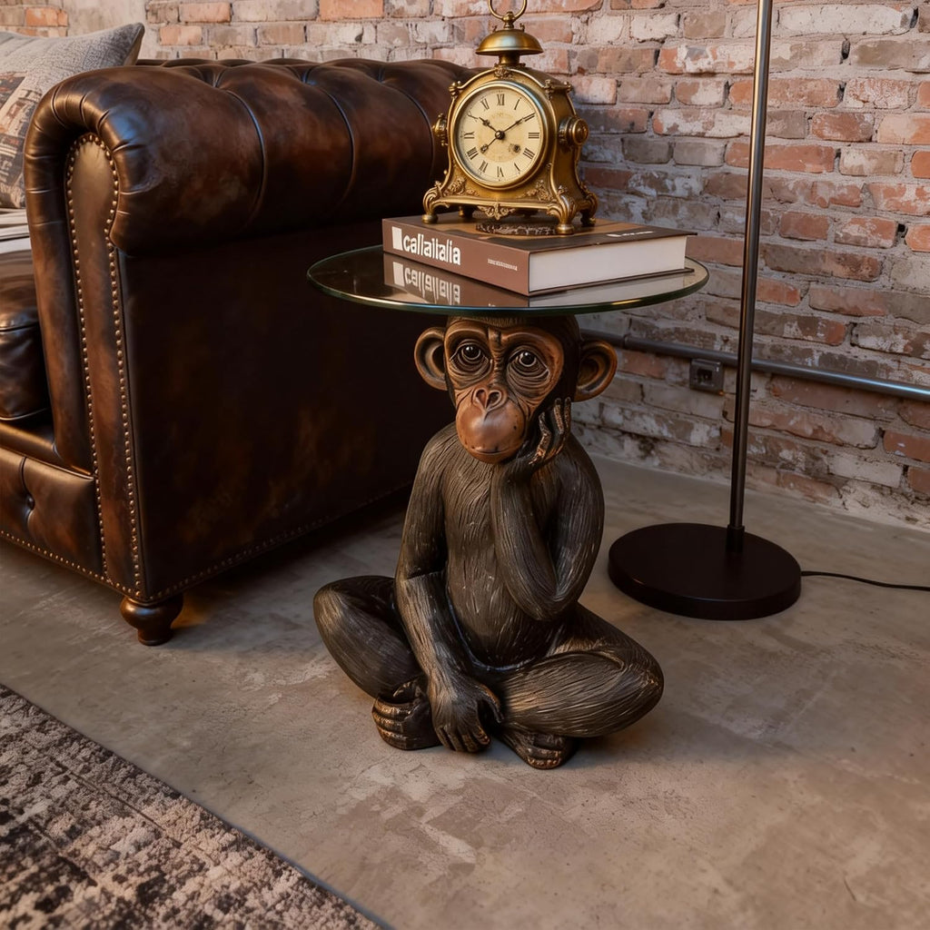 Animal Resin Side Table, Monkey Base Glass Top Side Table, Art Deco Style, Suitable for Gardens, Courtyards, Living Rooms, and Gifting (13in)