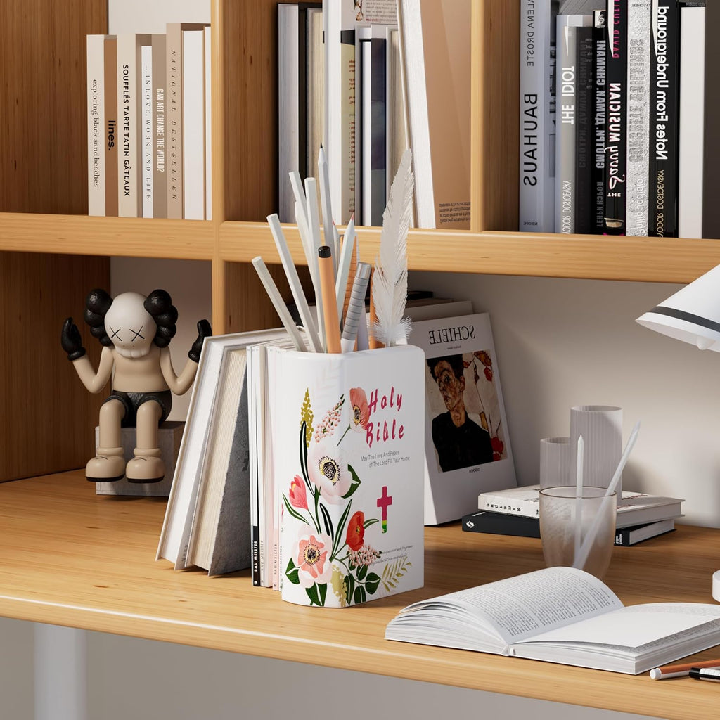 Holy Bible Book Vase, Cute Unique Ceramic Flower Vase - Pink Home Office Desk Accessories Decor, Prayer Room Bookshelf Decorations - Book Lovers Gifts, Religious or Christian Gifts for Women Mom