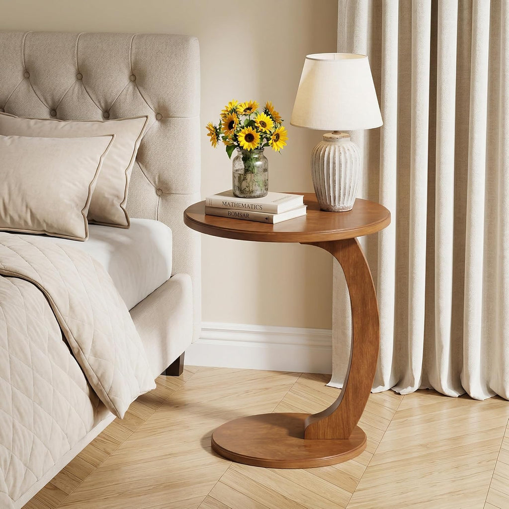 Tribesigns C Shaped End Table, Round Wood Side Table, Mid-Century Modern Style, Heavy Base, for Living Room, Bedroom, Small Space, Brown