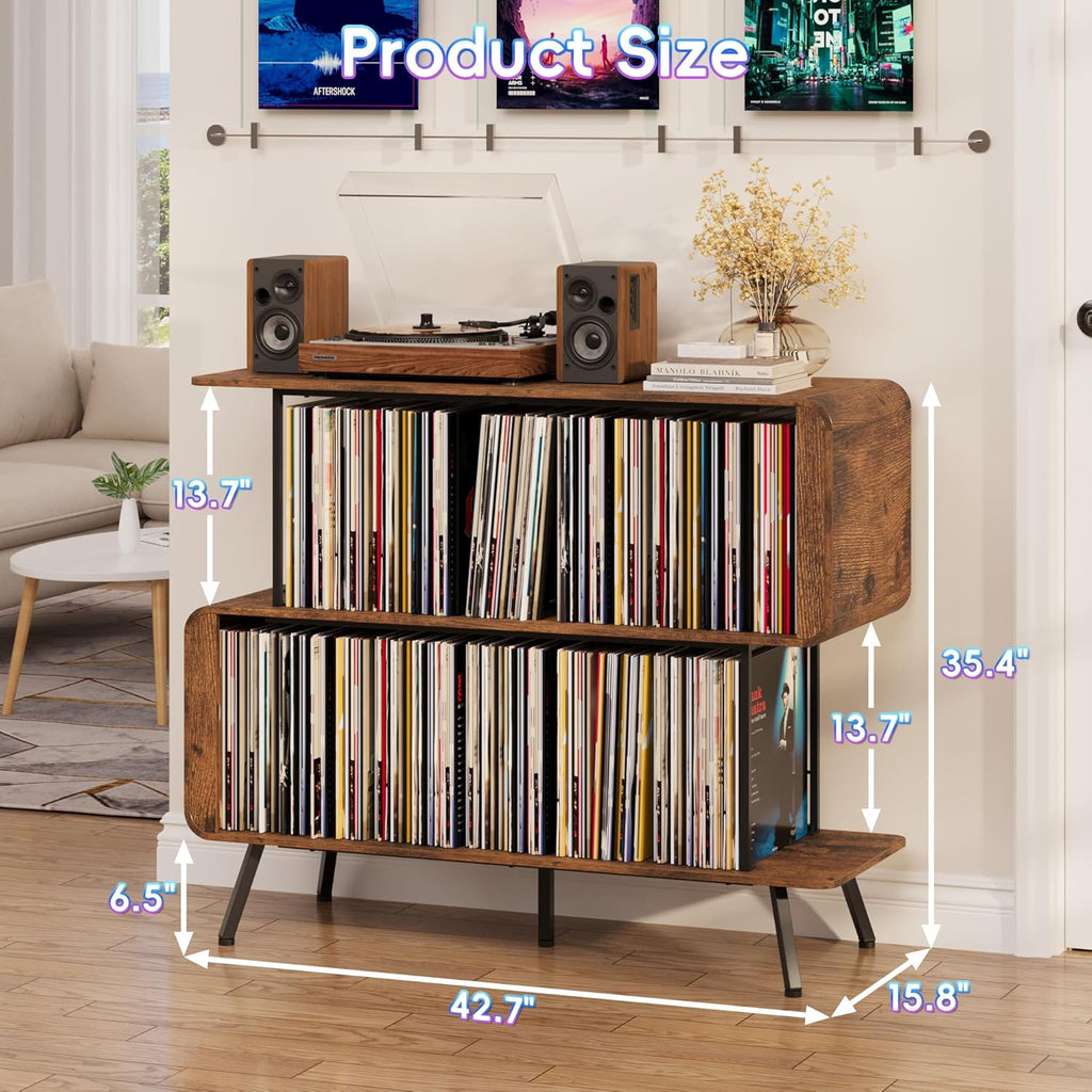 Record Player Stand with Vinyl Record Storage - 3-Tier Record Player Table with Power Outlets & LED Light, Mid-Century Modern Turntable Stand Vinyl Shelf Display Cabinet, Holds 500+ Albums, Brown