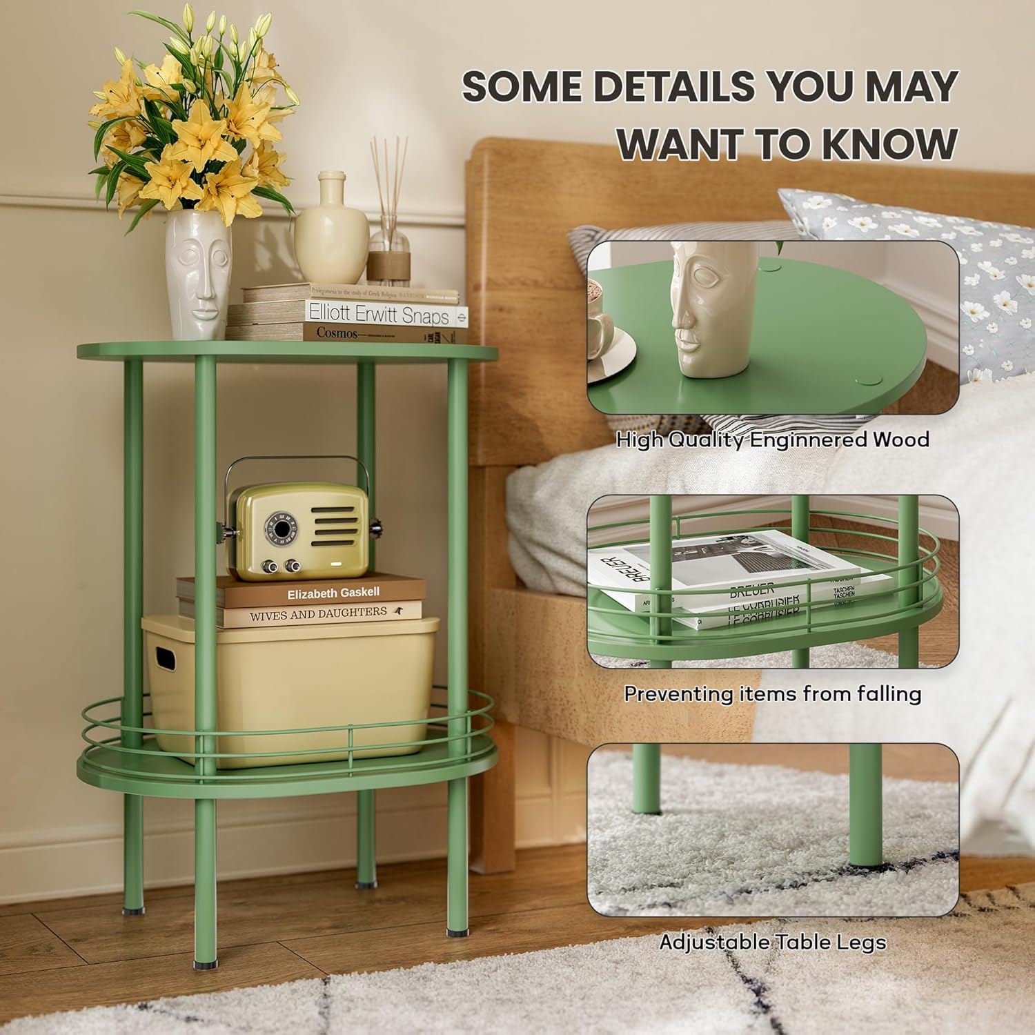 Small Modern Oval Side Table with Storage,2-Tier Side Tables Living Room,Sturdy Nightstand for Small Space - Living Room, Bedroom, Bathroom, Nursery (1PC,Green)