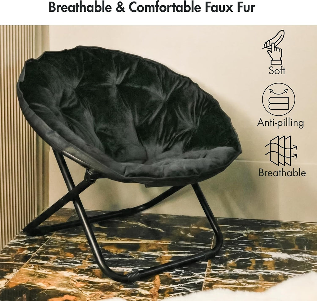 Comfy Faux Fur Saucer Chair for Adults, Foldable Moon Chair with Metal Frame, Soft Padded Lounge Chair for Bedroom, Dorm & Gaming, Large Cozy Circle Chair for Teens & Adults (Black)