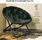 Comfy Faux Fur Saucer Chair for Adults, Foldable Moon Chair with Metal Frame, Soft Padded Lounge Chair for Bedroom, Dorm & Gaming, Large Cozy Circle Chair for Teens & Adults (Black)