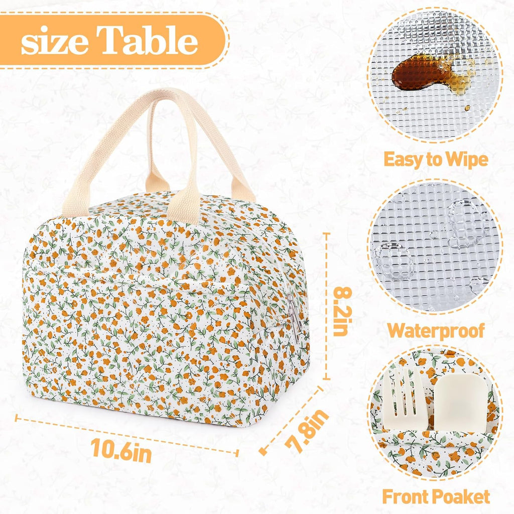 Cotton Quilted Insulated Lunch Bag, Cute Quilted Floral Lunch Tote Bags Reusable Insulated Lunch Box Coquette Aesthetic Large Capacity Insulated Cooler for Women Work Travel Picnic (Orange Flower)