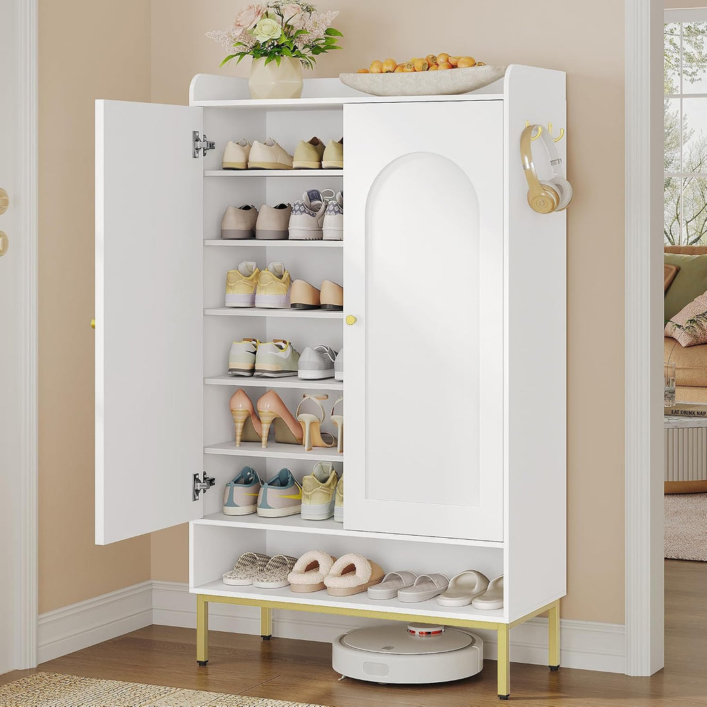 Hzuaneri Shoe Cabinet with Doors, 7-Tier Shoe Storage Cabinet with Adjustable Shelves, Wooden Shoes Organizer Cabinets with Top Storage Layer, 28-32 Pairs, for Entryway, Hallway, White SR68703A