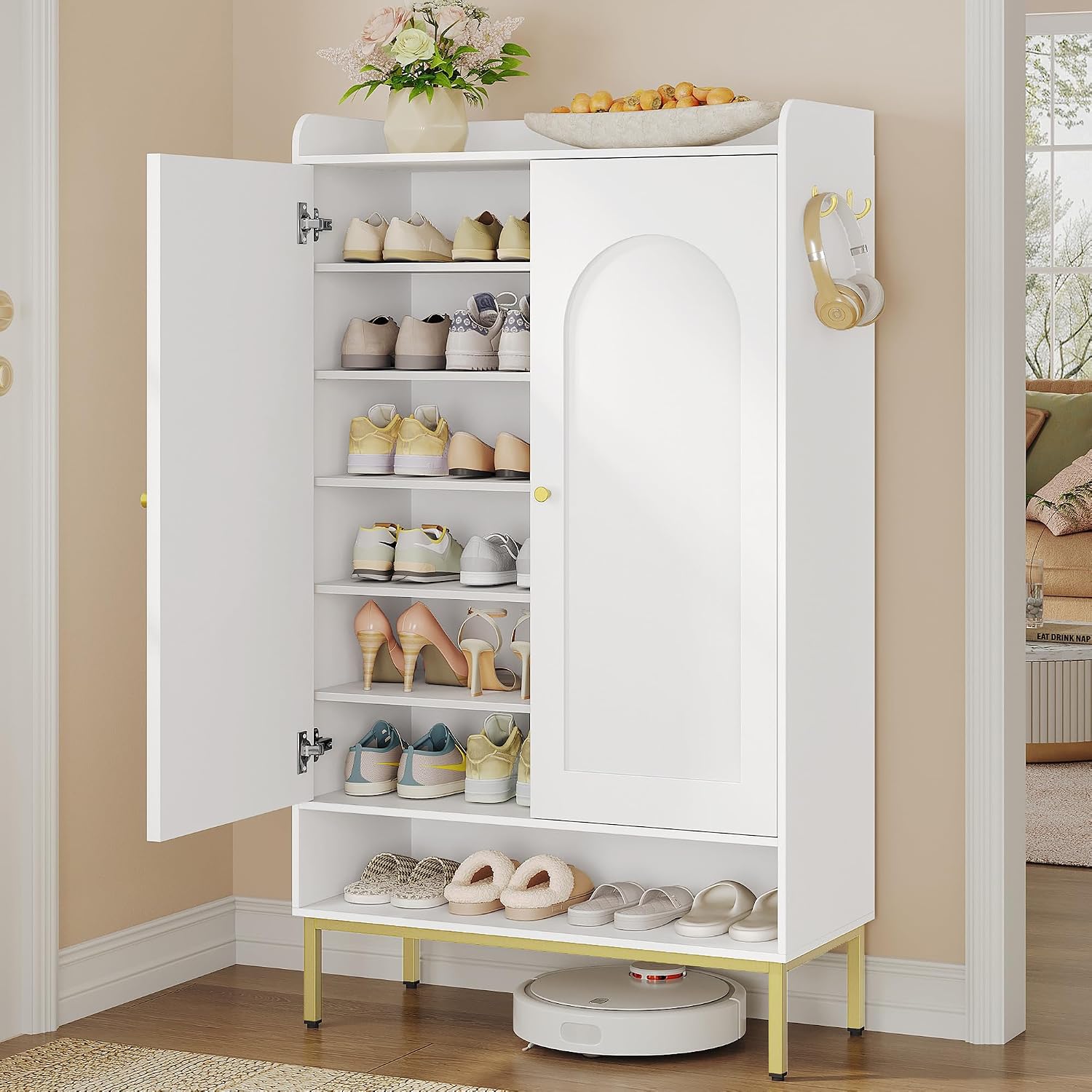 Hzuaneri Shoe Cabinet with Doors, 7-Tier Shoe Storage Cabinet with Adjustable Shelves, Wooden Shoes Organizer Cabinets with Top Storage Layer, 28-32 Pairs, for Entryway, Hallway, White SR68703A