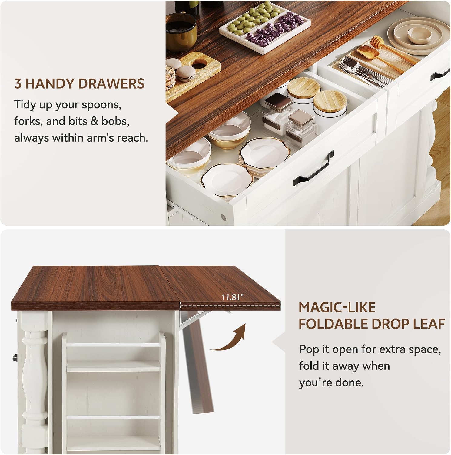Kitchen Island with Power Outlet & Trash Cabinet, 47.6" Roman Style Rolling Kitchen Island with Drop Leaf Tabletop 11.8", Kitchen Cart with Spice Rack & Drawers & Cabinets Coffee Bar Station
