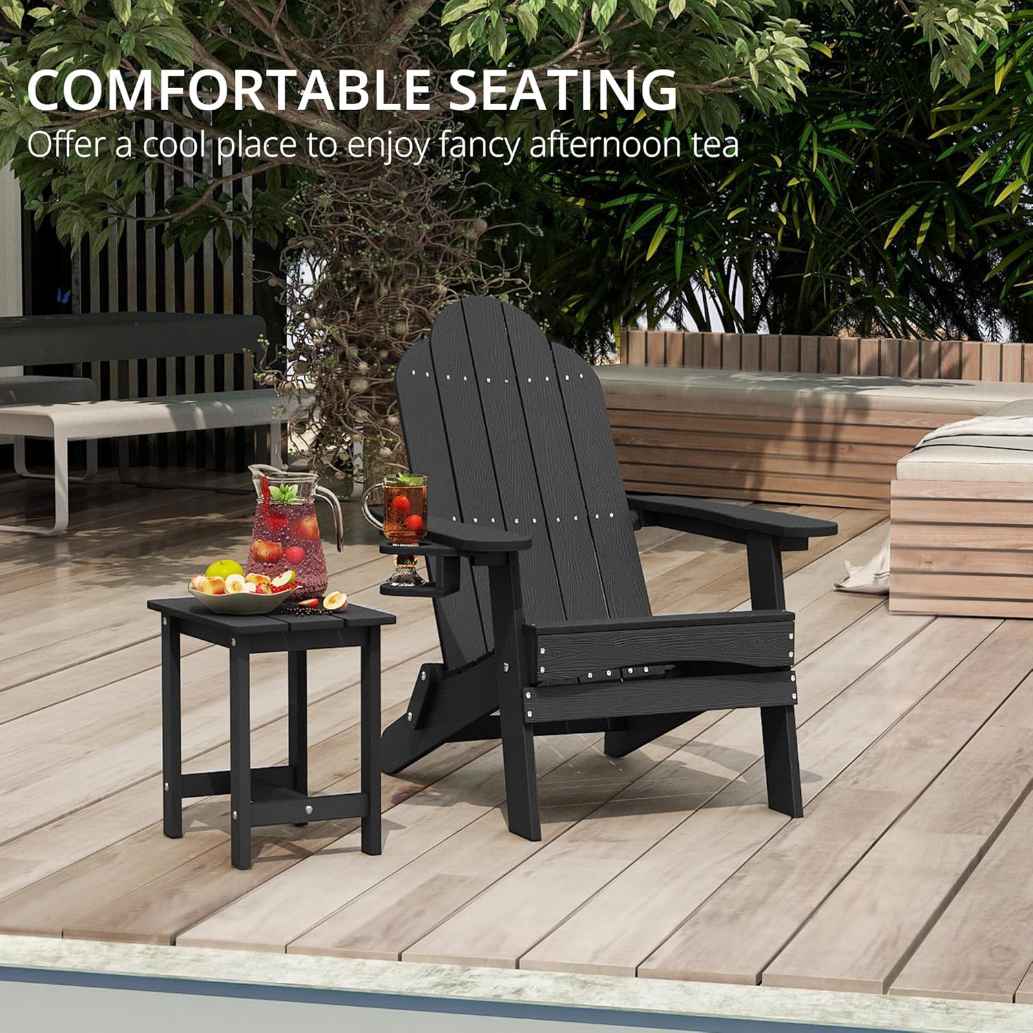 LUE BONA Folding Adirondack Chair Set of 4, Black HDPS Fire Pit Patio Chairs Weather Resistant, Modern Plastic Outdoor Chairs with Cup Holder