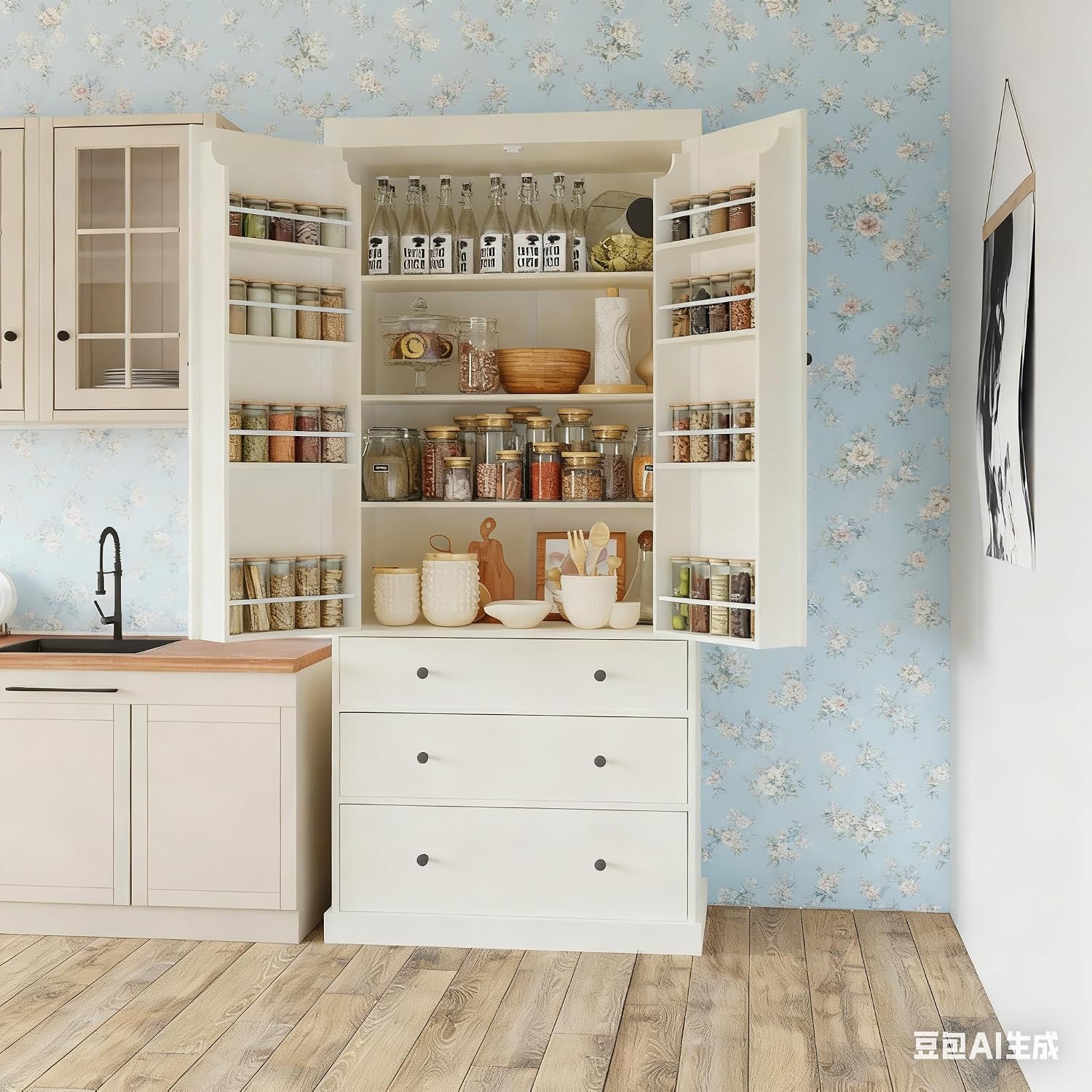 77" Tall Kitchen Pantry Cabinet, Pantry Storage Cabinet with 2 Door 3 Drawers and Adjustable Shelf, Freestanding Rustic Wood Pantry for Kitchen, Dining Room, Cream