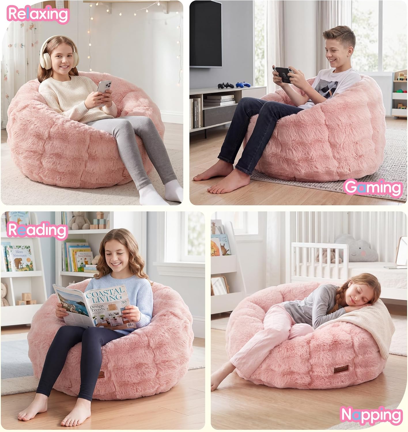 Hobestluk Bean Bag Chair for Teens Beanbag with Donut Shape Small Bean Bag Chair with Portable Handle Kids Bean Bag Couch for Living Room Bedroom Playroom (Pink, Large)