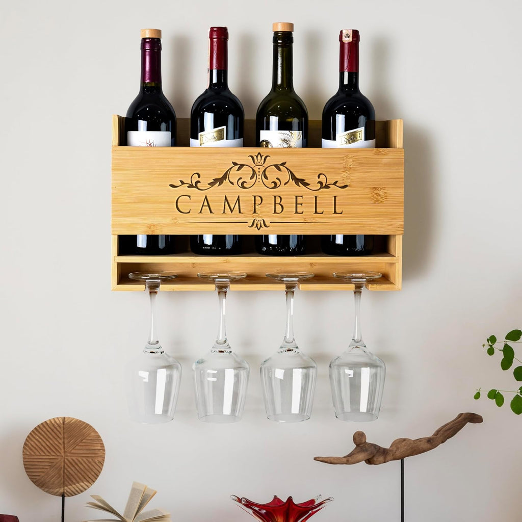 Personalized Wine Rack - Wall Mounted Custom Engraved Holder for 4 Bottles and Glasses - Ideal Gift for Wine Lovers, Weddings, Housewarmings - Customized Names Gifts for Couples