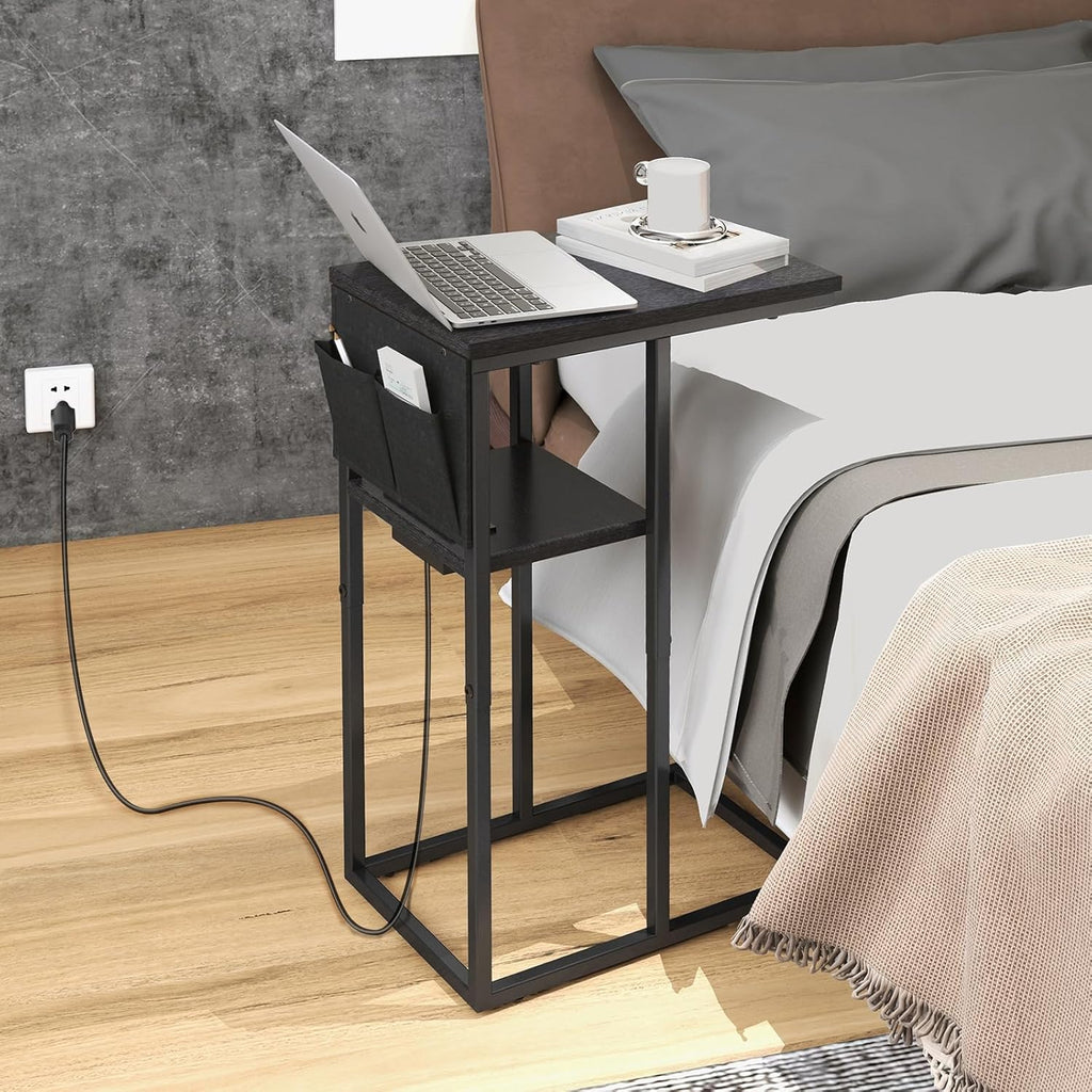 Livofloral C Shaped End Table with Charging Station, Small Side Tables for Couch with Storage Bag, Couch Side Tables for Living Room, C-Table for Sofa, Small Bedside Table for Bedroom, Black
