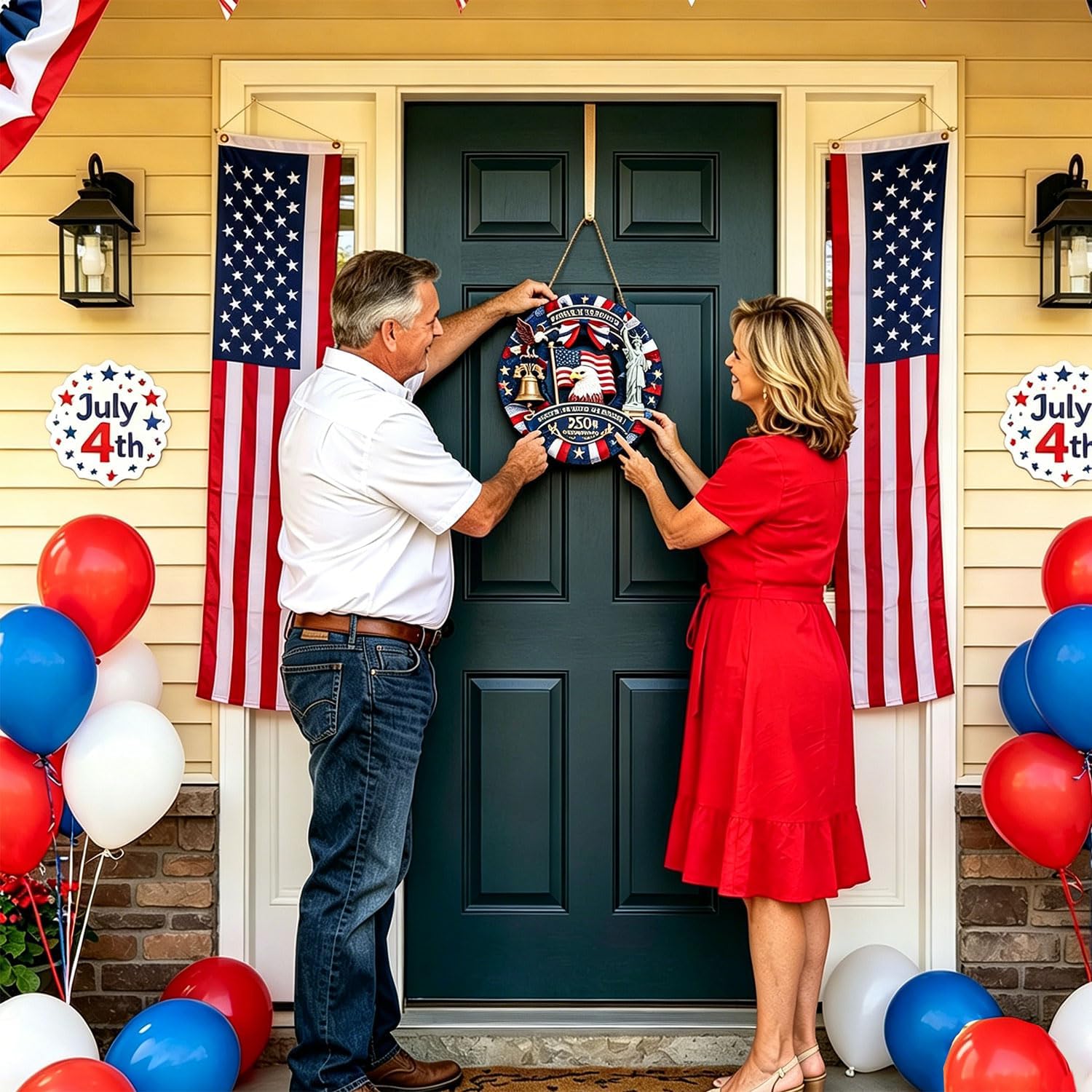 Spiritlele 250th Anniversary USA Door Sign Patriotic Wreath 4th of July Hanging Plaque 250 Years Indoor Decoration for Front Door Home Office Celebration Gift
