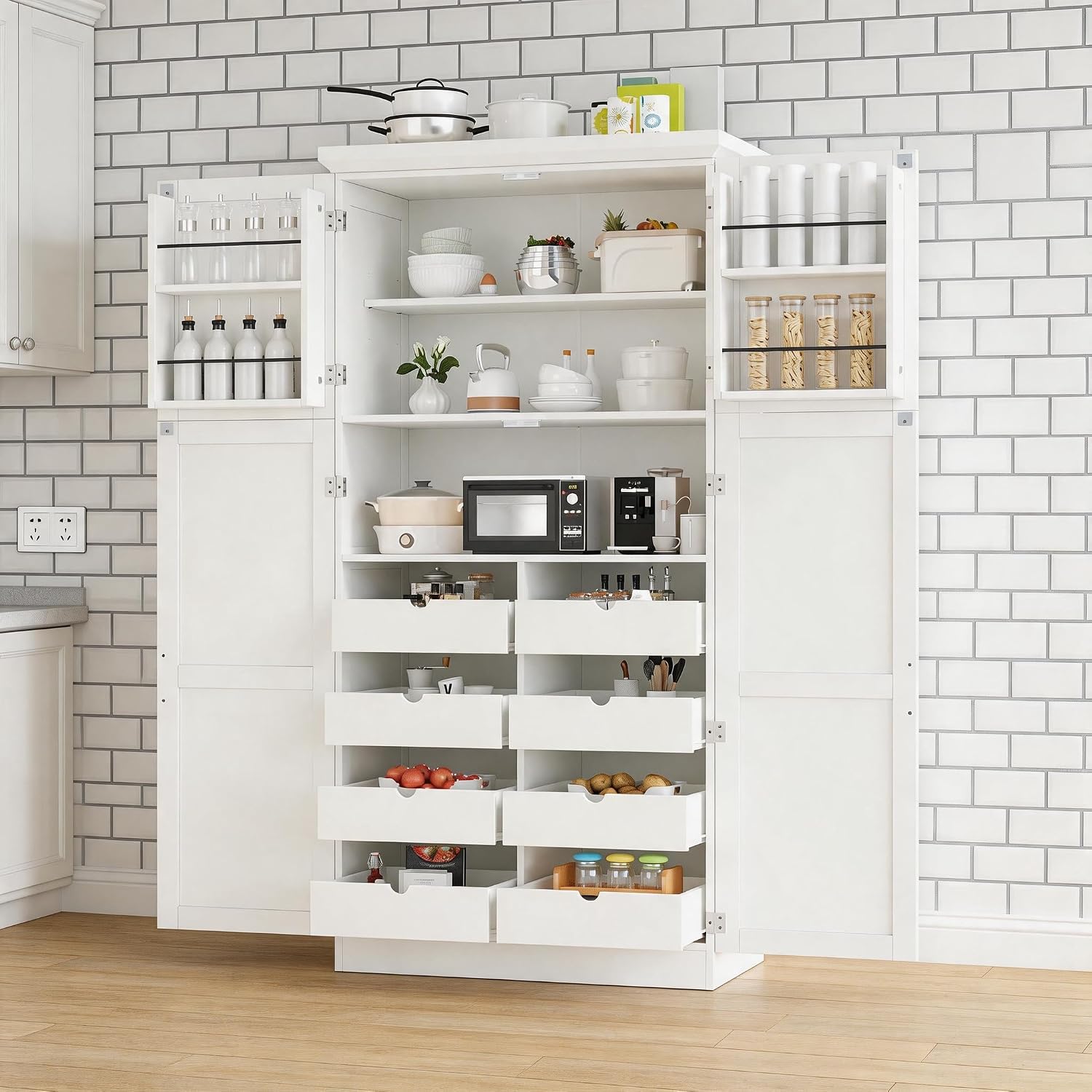71 Inch Kitchen Pantry Cabinet with Pull-Out Trays, White | White P2 MDF, kitchen or dining room, door shelves, adjustable shelf, freestanding design, 17.6 in D, 35.5 in W