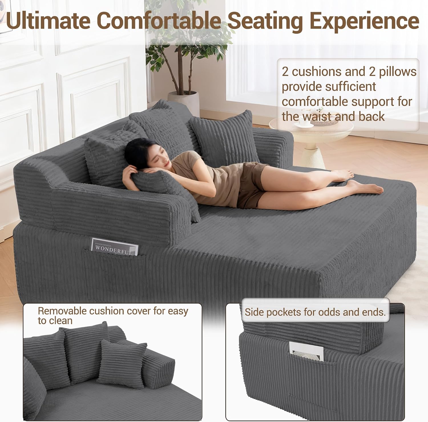 58" Oversized Boneless Chair, Corduroy Lounge Chaise Chair Indoor Sleeper Sofa Bed with Arms and 4 Pillows, No Assembly for Bedroom Living Room, Grey