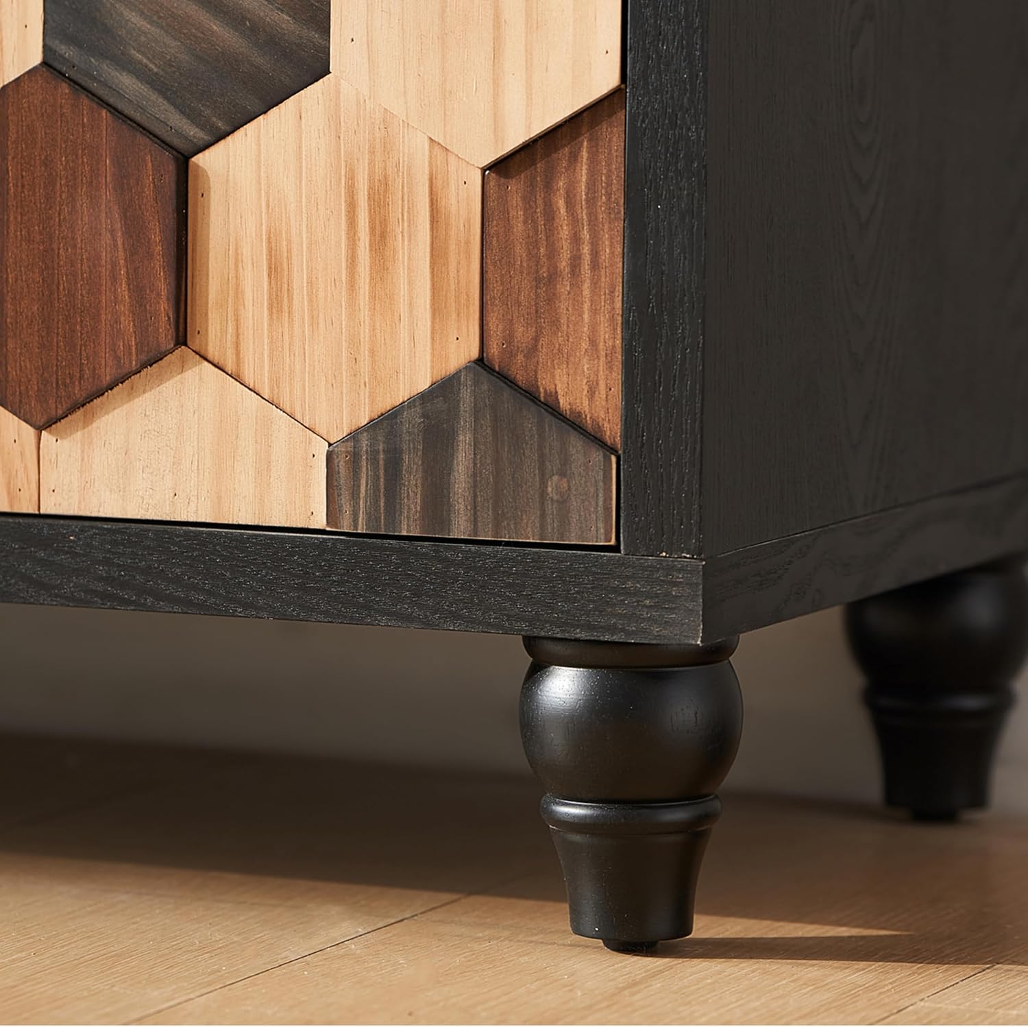 60" Geometric Sideboard Buffet Modern Farmhouse Credenza Storage Cabinet with 4 Hexagonal Honeycomb Parquet Doors for Kitchen Living Room Entryway Black & Multi Wood Tone
