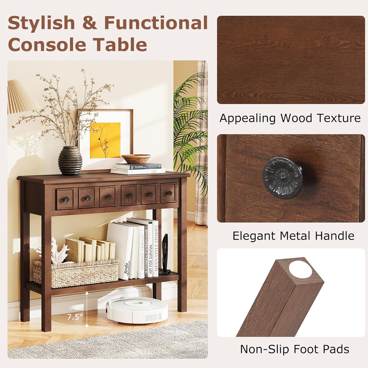 Giantex 2-Tier Narrow Console Table, 38" Retro Entryway Table with 2 Drawers and Open Storage Shelf, Wood Accent Sofa Tables for Living Room, Foyer, Hallway, Bedroom, Entrance