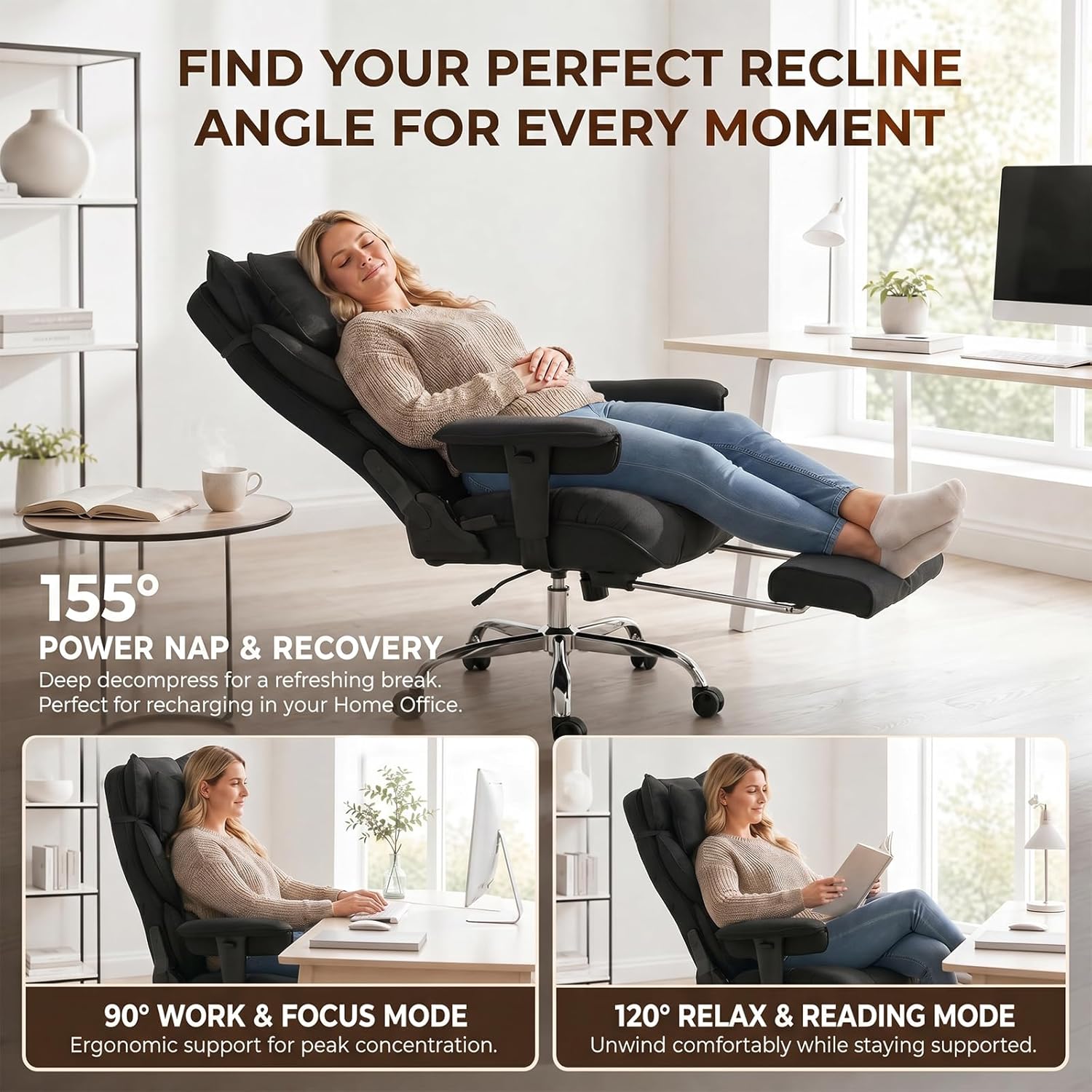 mokodo Big and Tall Office Chair 400lbs, Breathable Fabric Executive Desk Chair with Pocket Spring Cushion, 155° Reclining Computer Chair with Integrated Headrest & Lumbar Pillow (Black)