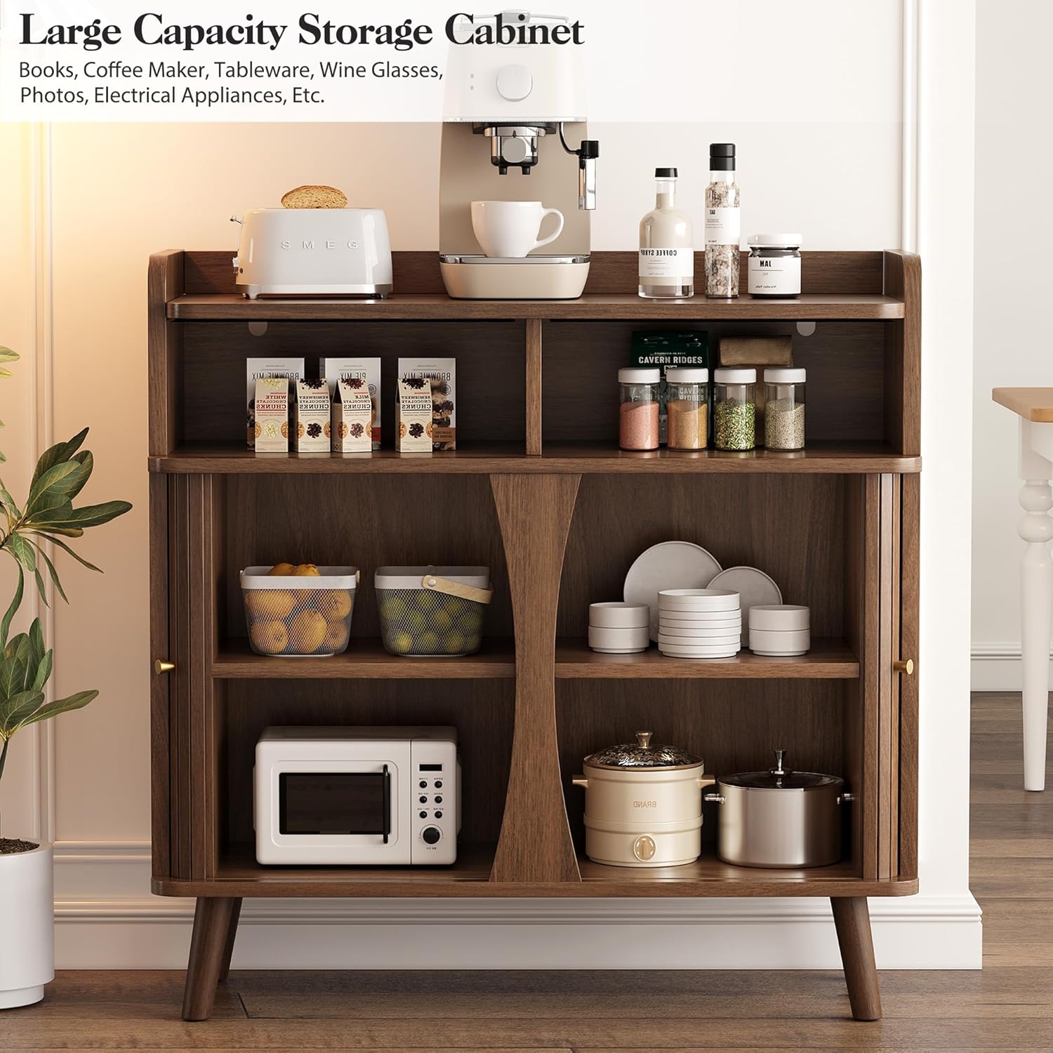 Decofy 39" Buffet Sideboard Cabinet, Mid Century Modern Console Cabinet with Roller Shutter Sliding Doors & Adjustable Shelves for Kitchen Cabinets, Living Room, Entryway, Coffee Bar Cabinet (Walnut)