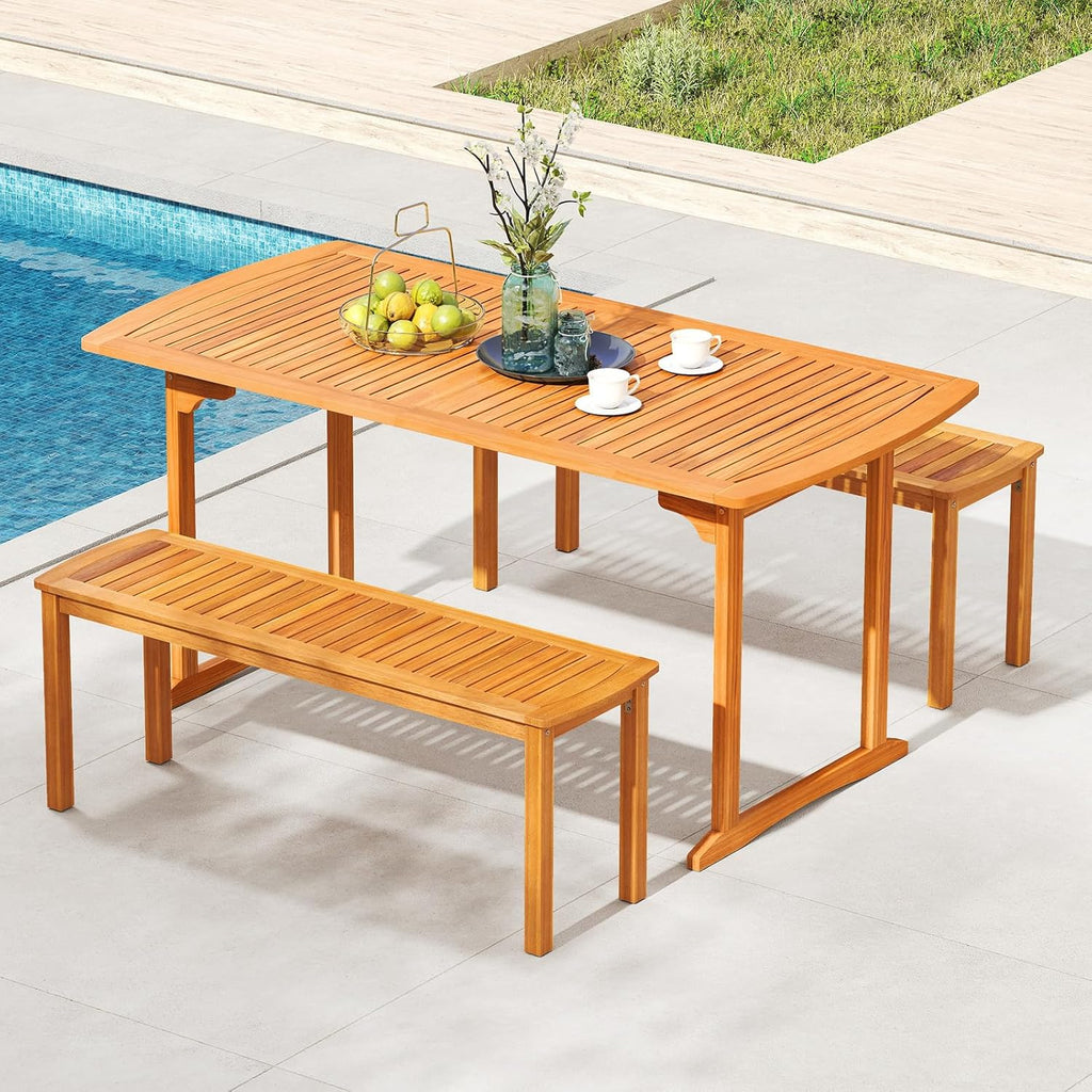 Tangkula Acacia Wood Outdoor Bench, 47" Patio Dining Bench with Slatted Seat, Backless Wooden Garden Bench, Farmhouse Furniture for Garden, Entryway, Poolside, Porch, Balcony, Park & Deck